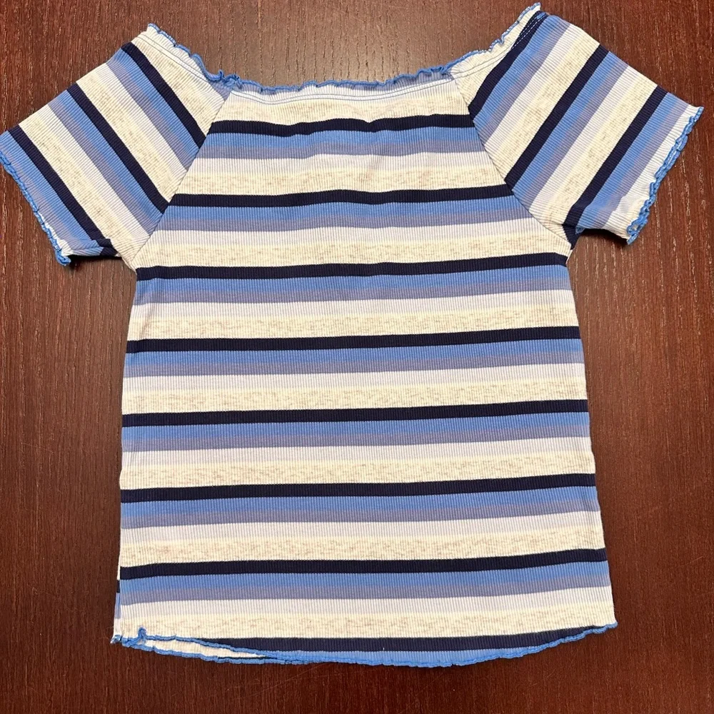 Justice Girls Blue and White Stripped Ribbed Off The shoulder Top